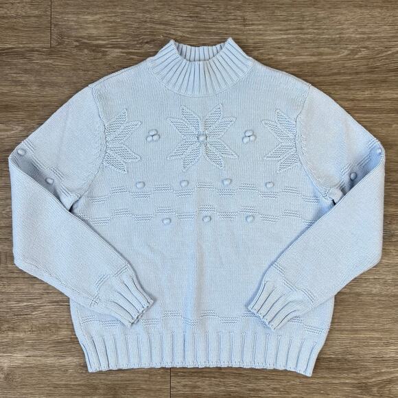Vintage Croft and Barrow Blue Poinsetta Knitted Mock Neck Pullover Sweater (XL) - Picture 3 of 12